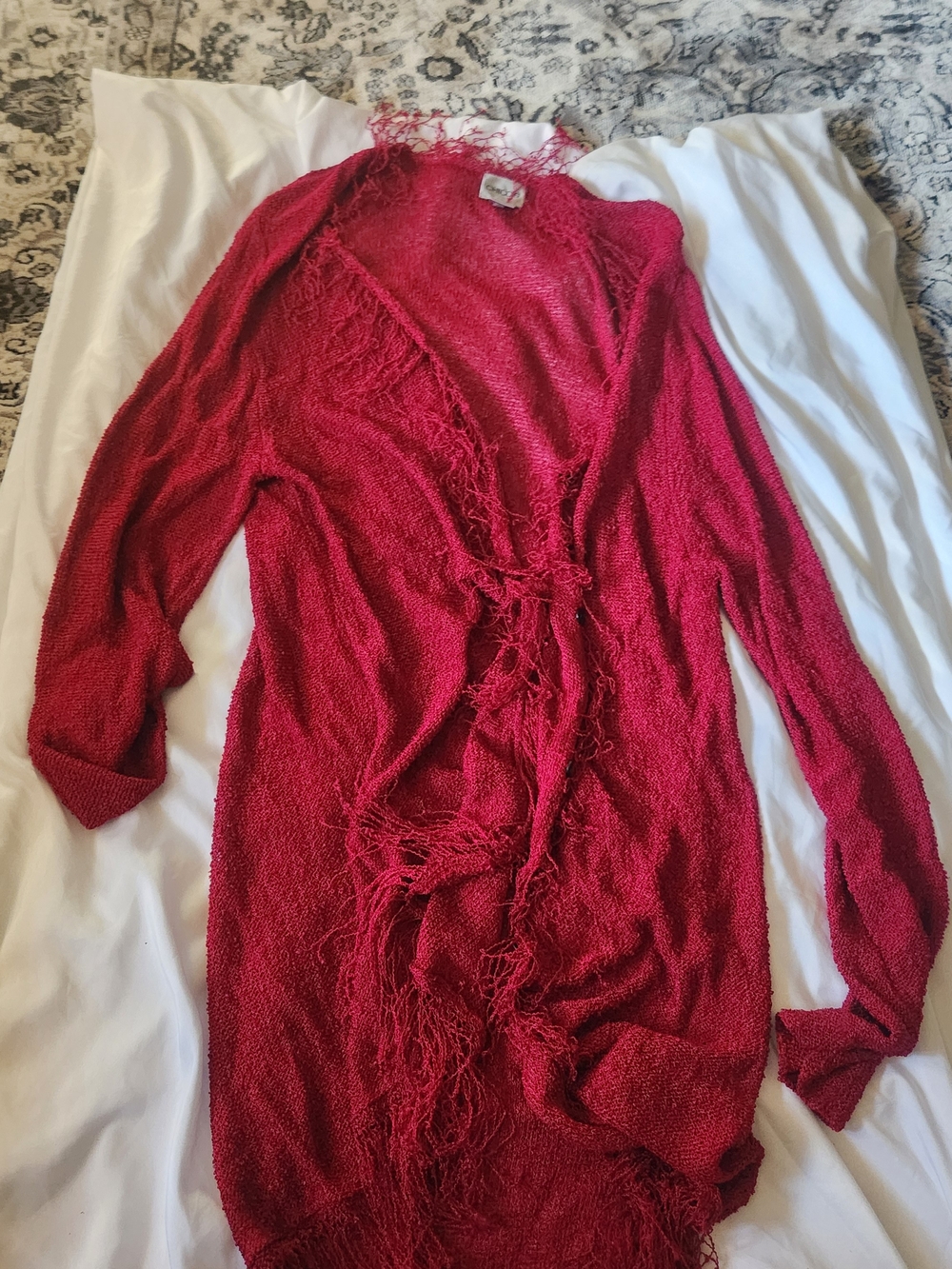 Chico's Red Fringe Open Front Cardigan Duster Sweater Size 3